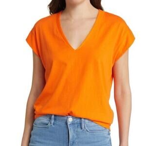 Frame Le Mid Rise V-Neck Basic T-Shirt Bright Tangerine 100% Pima Cotton Small
